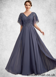 Alexa A-line V-Neck Floor-Length Chiffon Lace Mother of the Bride Dress With Beading Sequins STA126P0014571