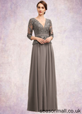Violet A-Line V-neck Floor-Length Chiffon Lace Mother of the Bride Dress With Sequins STA126P0014574