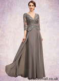 Violet A-Line V-neck Floor-Length Chiffon Lace Mother of the Bride Dress With Sequins STA126P0014574