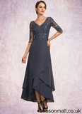 Halle A-line V-Neck Asymmetrical Chiffon Lace Mother of the Bride Dress With Beading Sequins STA126P0014584