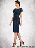 Nell Sheath/Column Scoop Neck Knee-Length Satin Lace Mother of the Bride Dress With Sequins STA126P0014586