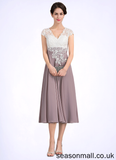 Blanche A-Line V-neck Tea-Length Chiffon Lace Mother of the Bride Dress STA126P0014588