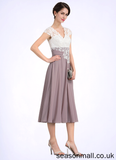 Blanche A-Line V-neck Tea-Length Chiffon Lace Mother of the Bride Dress STA126P0014588