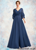 Whitney A-Line V-neck Floor-Length Chiffon Mother of the Bride Dress With Cascading Ruffles STA126P0015003
