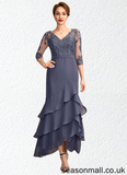 Rachael Trumpet/Mermaid V-neck Asymmetrical Chiffon Lace Mother of the Bride Dress With Sequins Cascading Ruffles STA126P0015007