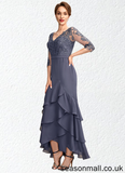 Rachael Trumpet/Mermaid V-neck Asymmetrical Chiffon Lace Mother of the Bride Dress With Sequins Cascading Ruffles STA126P0015007