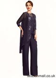 Naima Jumpsuit/Pantsuit Scoop Neck Floor-Length Chiffon Lace Mother of the Bride Dress With Sequins STA126P0015010