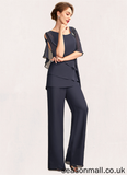 Maeve Jumpsuit/Pantsuit V-neck Floor-Length Chiffon Mother of the Bride Dress With Beading Sequins Cascading Ruffles STA126P0015011