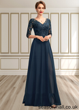 Tamia A-Line V-neck Floor-Length Chiffon Lace Mother of the Bride Dress With Sequins Split Front STA126P0015014