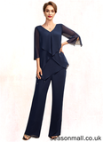 Angeline Jumpsuit/Pantsuit V-neck Floor-Length Chiffon Mother of the Bride Dress With Cascading Ruffles STA126P0015019