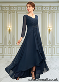 Sariah A-Line V-neck Asymmetrical Chiffon Mother of the Bride Dress With Ruffle Beading Bow(s) STA126P0015021