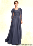 Hallie A-Line V-neck Floor-Length Chiffon Lace Mother of the Bride Dress With Beading Sequins STA126P0015022