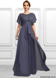Kaitlyn A-line Scoop Floor-Length Chiffon Lace Mother of the Bride Dress With Pleated STAP0021780