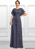 Kaitlyn A-line Scoop Floor-Length Chiffon Lace Mother of the Bride Dress With Pleated STAP0021780