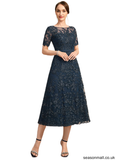 Ariella A-line Scoop Illusion Tea-Length Lace Mother of the Bride Dress With Sequins STAP0021781