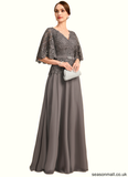 Zoe A-line V-Neck Floor-Length Chiffon Lace Mother of the Bride Dress With Rhinestone Crystal Brooch STAP0021782