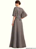 Zoe A-line V-Neck Floor-Length Chiffon Lace Mother of the Bride Dress With Rhinestone Crystal Brooch STAP0021782