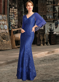 Emilia Trumpet/Mermaid V-Neck Floor-Length Chiffon Lace Mother of the Bride Dress With Sequins STAP0021795