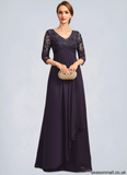 Alma A-line V-Neck Floor-Length Chiffon Lace Mother of the Bride Dress With Cascading Ruffles Sequins STAP0021796