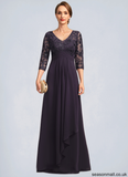 Alma A-line V-Neck Floor-Length Chiffon Lace Mother of the Bride Dress With Cascading Ruffles Sequins STAP0021796