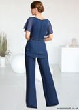 Alyvia Jumpsuit/Pantsuit Separates V-Neck Floor-Length Chiffon Mother of the Bride Dress With Beading Pleated Sequins STAP0021800