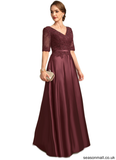 Marianna A-line V-Neck Floor-Length Lace Satin Mother of the Bride Dress With Sequins STAP0021803
