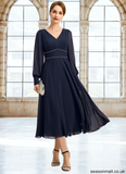 Lia A-line V-Neck Tea-Length Chiffon Mother of the Bride Dress With Beading Pleated STAP0021804
