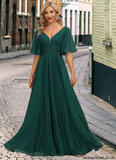 Avah A-line V-Neck Floor-Length Chiffon Mother of the Bride Dress With Pleated Appliques Lace Sequins STAP0021807