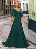 Avah A-line V-Neck Floor-Length Chiffon Mother of the Bride Dress With Pleated Appliques Lace Sequins STAP0021807