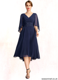 Naomi A-line V-Neck Asymmetrical Chiffon Mother of the Bride Dress With Pleated Appliques Lace STAP0021845