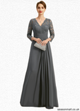 Nyasia A-line V-Neck Floor-Length Chiffon Lace Mother of the Bride Dress With Pleated STAP0021850