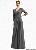 Nyasia A-line V-Neck Floor-Length Chiffon Lace Mother of the Bride Dress With Pleated STAP0021850
