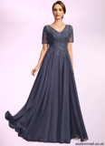 Ruby A-line V-Neck Illusion Floor-Length Chiffon Lace Mother of the Bride Dress With Sequins STAP0021867