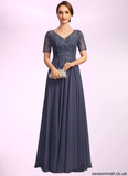 Ruby A-line V-Neck Illusion Floor-Length Chiffon Lace Mother of the Bride Dress With Sequins STAP0021867