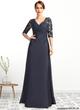 Guadalupe A-line V-Neck Floor-Length Chiffon Lace Mother of the Bride Dress With Pleated Sequins STAP0021880