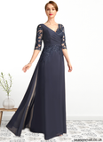 Guadalupe A-line V-Neck Floor-Length Chiffon Lace Mother of the Bride Dress With Pleated Sequins STAP0021880