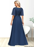 Makenna A-line V-Neck Floor-Length Chiffon Lace Mother of the Bride Dress With Sequins STAP0021888