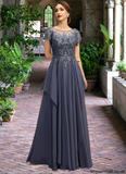 Scarlett A-line Scoop Illusion Floor-Length Chiffon Lace Mother of the Bride Dress With Cascading Ruffles Sequins STAP0021897