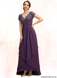 Sheila A-line V-Neck Asymmetrical Chiffon Lace Mother of the Bride Dress With Cascading Ruffles STAP0021899