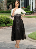 Yareli A-line Scoop Tea-Length Chiffon Lace Mother of the Bride Dress With Sequins STAP0021903