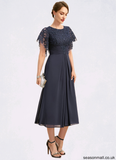 Mignon A-line Scoop Tea-Length Chiffon Lace Mother of the Bride Dress With Pleated STAP0021928