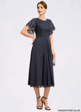 Mignon A-line Scoop Tea-Length Chiffon Lace Mother of the Bride Dress With Pleated STAP0021928
