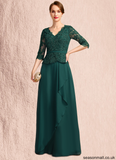 Scarlett A-line V-Neck Floor-Length Chiffon Lace Mother of the Bride Dress With Cascading Ruffles Sequins STAP0021934