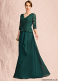 Scarlett A-line V-Neck Floor-Length Chiffon Lace Mother of the Bride Dress With Cascading Ruffles Sequins STAP0021934