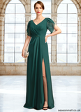 Kassidy Sheath/Column V-Neck Floor-Length Chiffon Mother of the Bride Dress With Beading Pleated STAP0021949