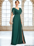 Kassidy Sheath/Column V-Neck Floor-Length Chiffon Mother of the Bride Dress With Beading Pleated STAP0021949