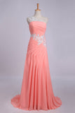 One Shoulder Pleated Bodice With Beaded Applique Court Train Evening Dresses
