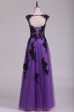 Tulle Evening Dresses Bateau Cap Sleeves A Line With Applique And