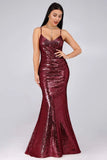 Sexy Spaghetti Straps Burgundy Sequins V Neck Party Dresses Mermaid Prom Dresses STA15358