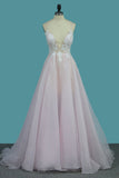 A Line Organza Spaghetti Straps Wedding Dresses With Applique And Beads Open